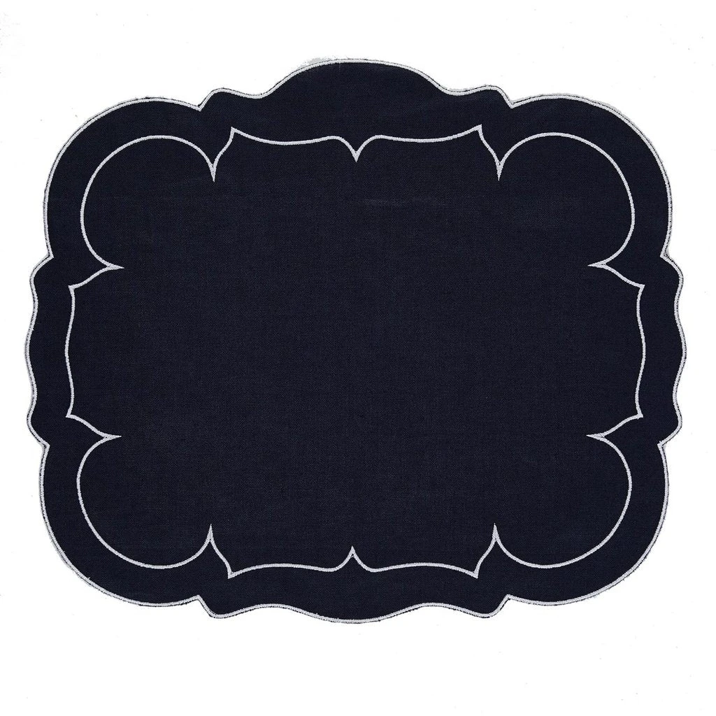 Linho Scalloped Rectangular Placemat In Navy & White 3 Linho Scalloped Rectangular Placemat In Navy & White