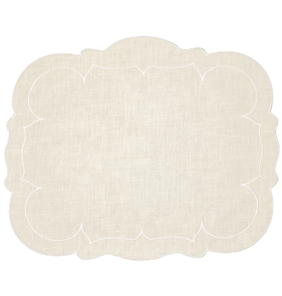 Linho Scalloped Rectangular Placemats In Ivory & White 3 Linho Scalloped Rectangular Placemats In Ivory & White