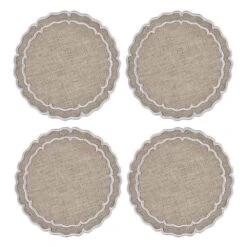 Linho Scalloped Round Coasters In Dark Natural & White