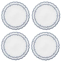 Linho Scalloped Round Coasters In White & Blue