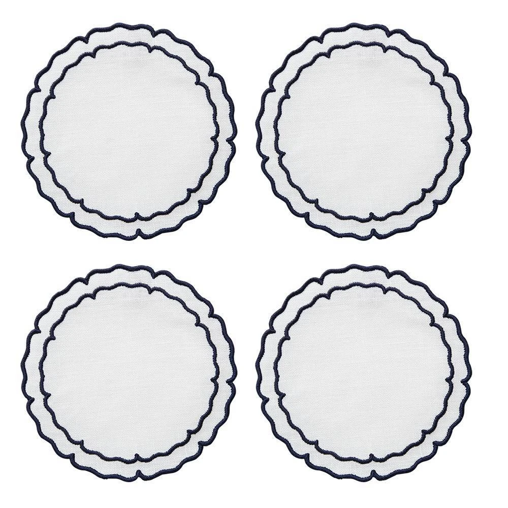 Linho Scalloped Round Coasters In White & Navy 3 Linho Scalloped Round Coasters In White & Navy